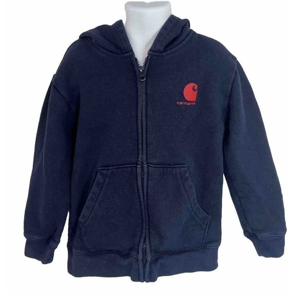 Carhartt Boys Hoodie Sweatshirt Size 6 Kids Full Zip Navy Red Spell Out Arm - Picture 2 of 14